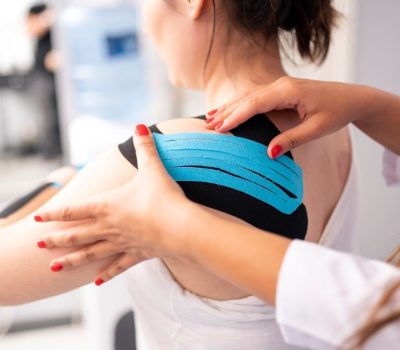 Physiotherapist is placing kinesio tape