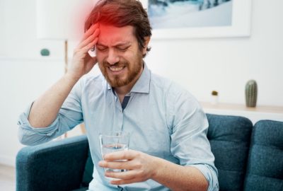 Thoughtful pensive serious male feeling head pain